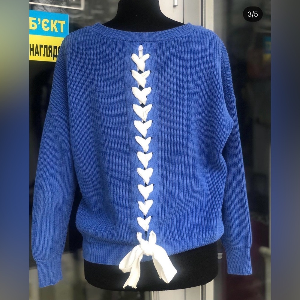 Blue Sweater Cardigan with White Lace-Up Detail